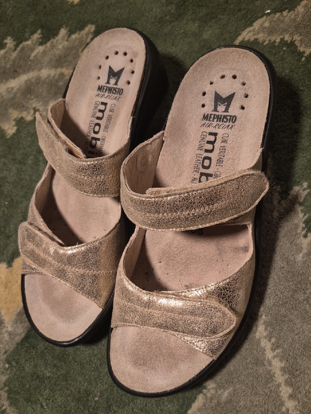 Mephisto Women's Metallic Gold Leather Velcro Slide Sandals